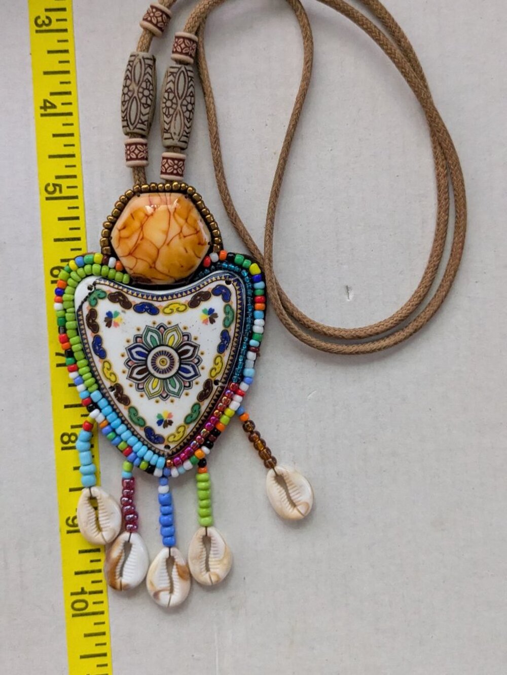Artisan Ethnic Bohemian Ceramic Heart Beaded Dangle Cowry Shell Rope Necklace